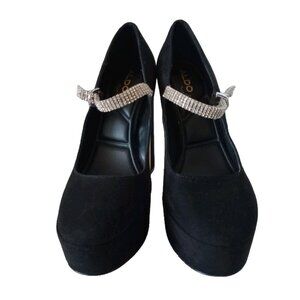 Aldo Black Suede Leather Heels Chunky Mary Jane Platform Shoes Block Heel Sz 6.5
